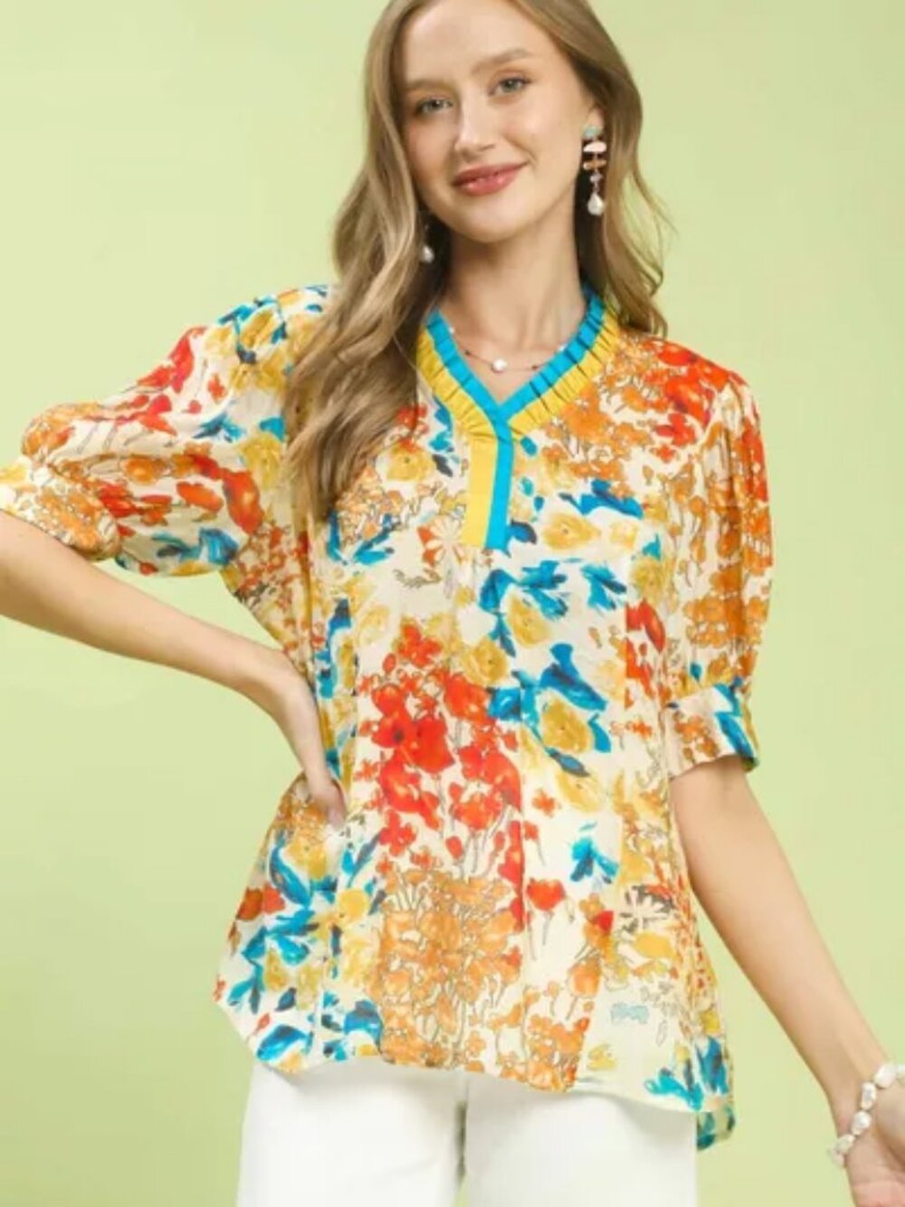Umgee Floral Contrast Pleat Neck Top